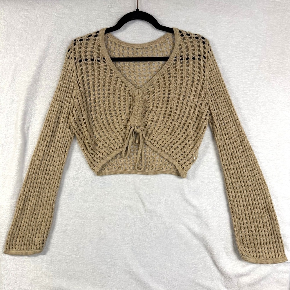 Open Knit L Tan Tie Front Cropped Cardigan Sweater Slouchy Boho Fairy Grunge